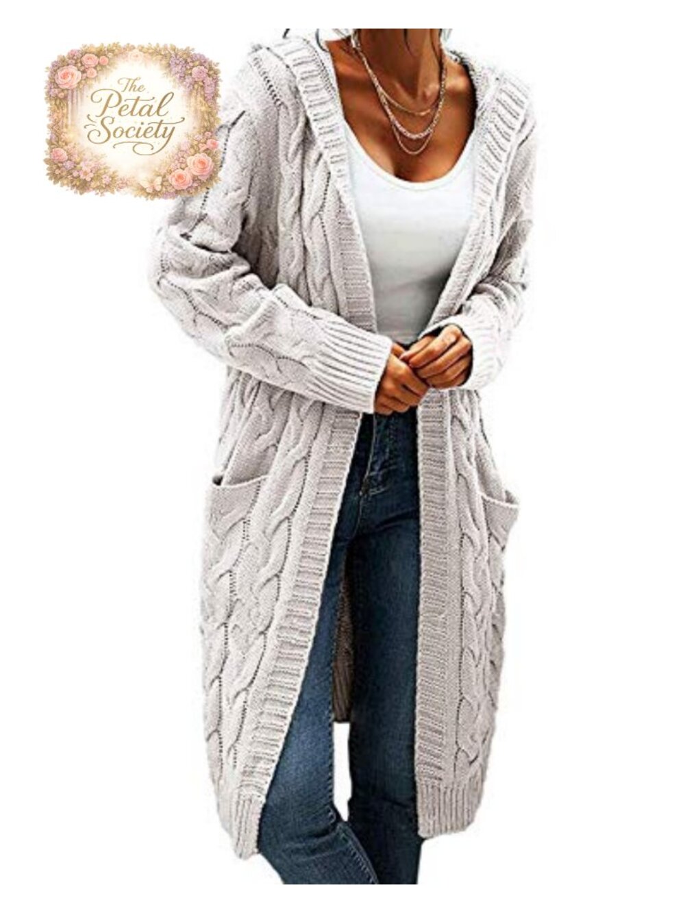 Women Hooded Open Front Cable Knit Chunky Cardigan Sweater Coat